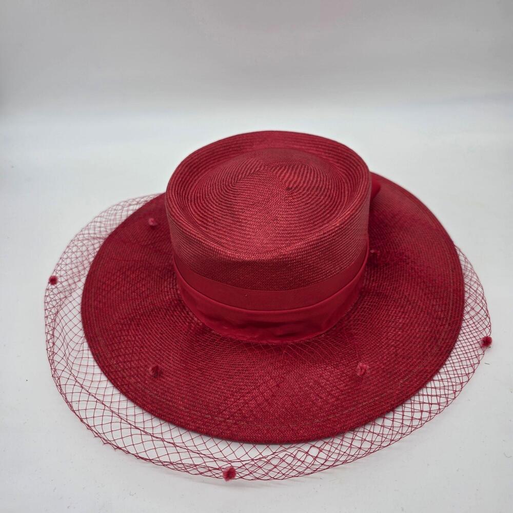 Plaza Suite By Betmar Hat Fascinator Womens One Size Red Wide Brim Bow Veil